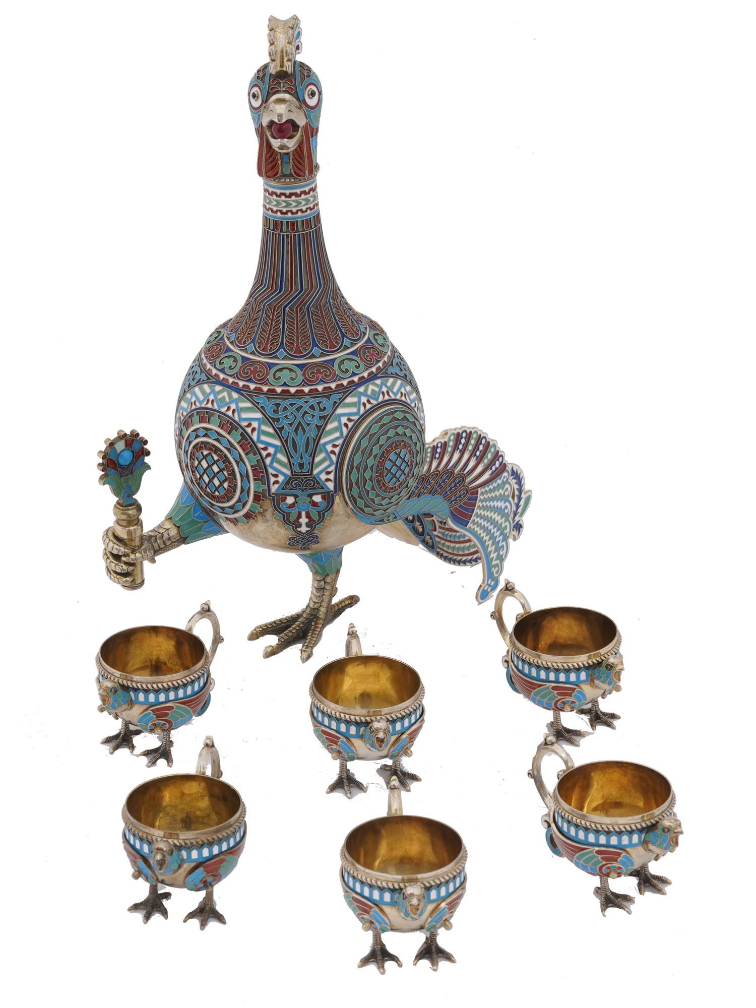 RUSSIAN GILT SILVER ENAMEL PEACOCK VODKA SET PIC-0